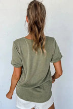 Laurel Green Twist Short Sleeve Corded V Neck Top - Fashionfitz