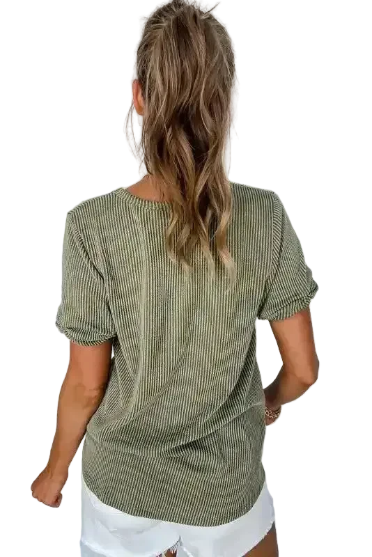 Laurel Green Twist Short Sleeve Corded V Neck Top - Fashionfitz