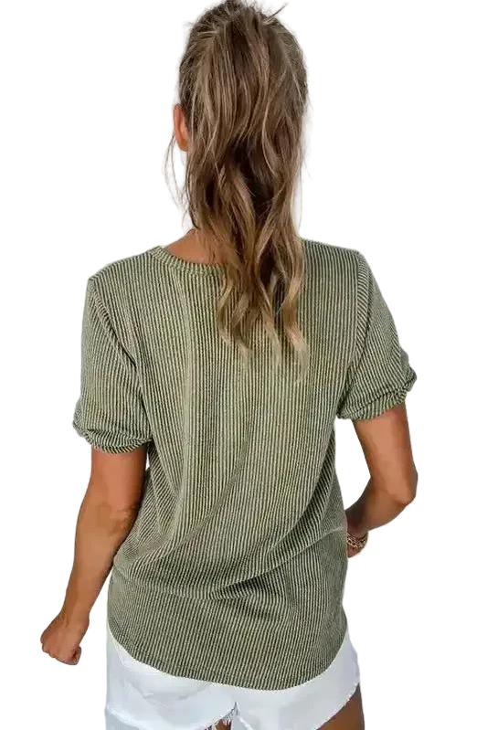 Laurel Green Twist Short Sleeve Corded V Neck Top - Fashionfitz