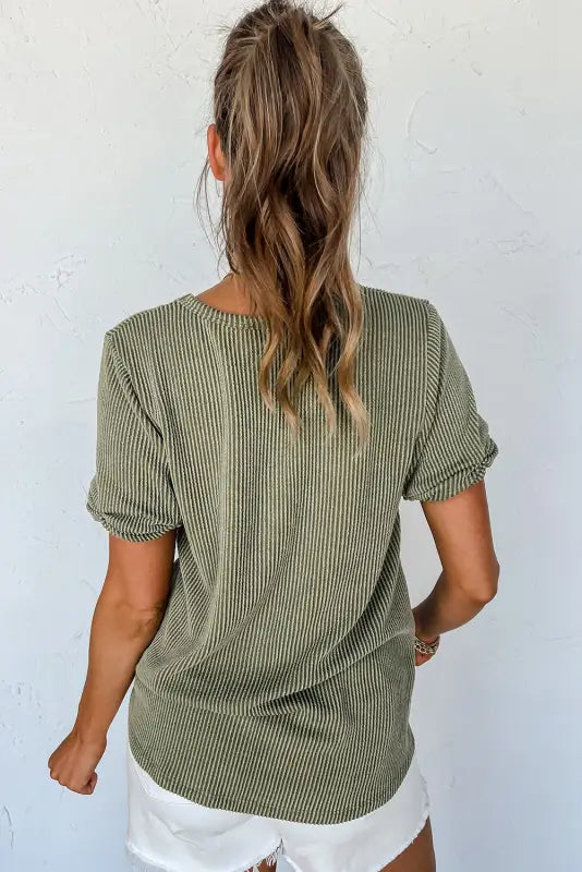 Laurel green twist short sleeve corded v neck top - tops