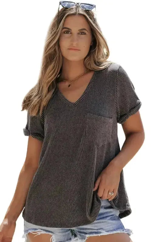 Laurel Green Twist Short Sleeve Corded V Neck Top - Fashionfitz