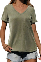 Laurel Green Twist Short Sleeve Corded V Neck Top - Fashionfitz