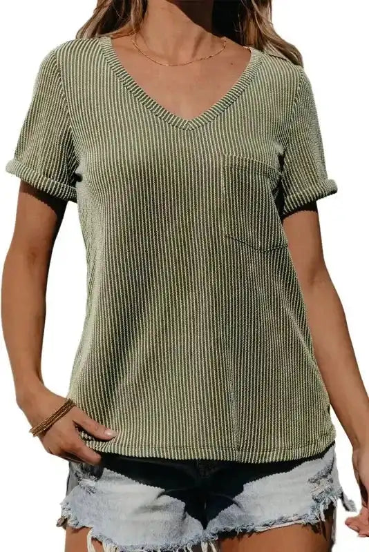 Laurel Green Twist Short Sleeve Corded V Neck Top - Fashionfitz