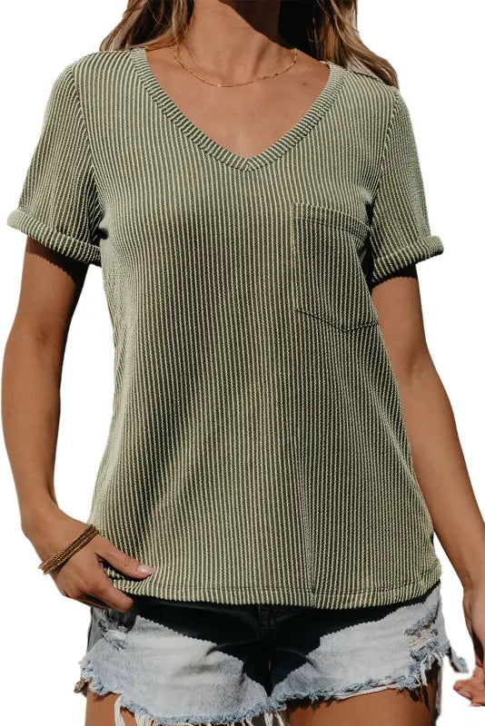 Laurel green twist short sleeve corded v neck top - tops