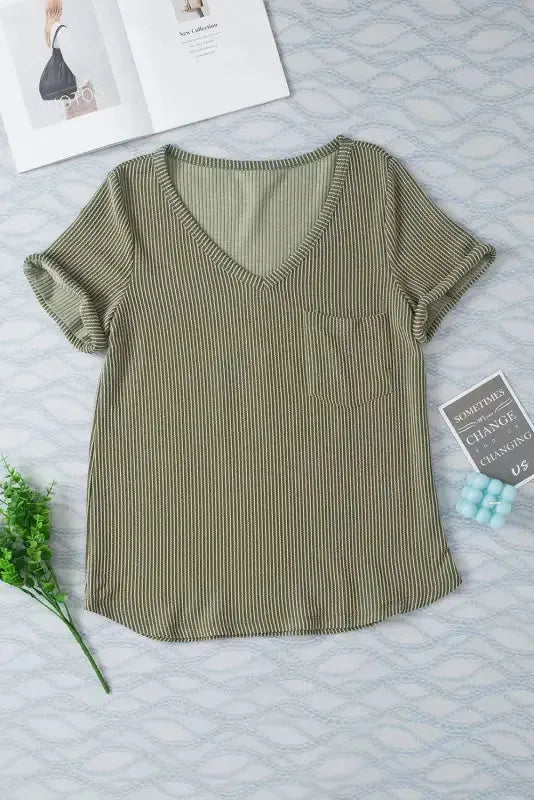 Laurel Green Twist Short Sleeve Corded V Neck Top - Fashionfitz