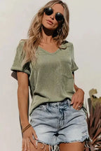 Laurel Green Twist Short Sleeve Corded V Neck Top - Fashionfitz