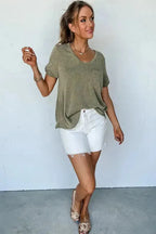 Laurel Green Twist Short Sleeve Corded V Neck Top - Fashionfitz