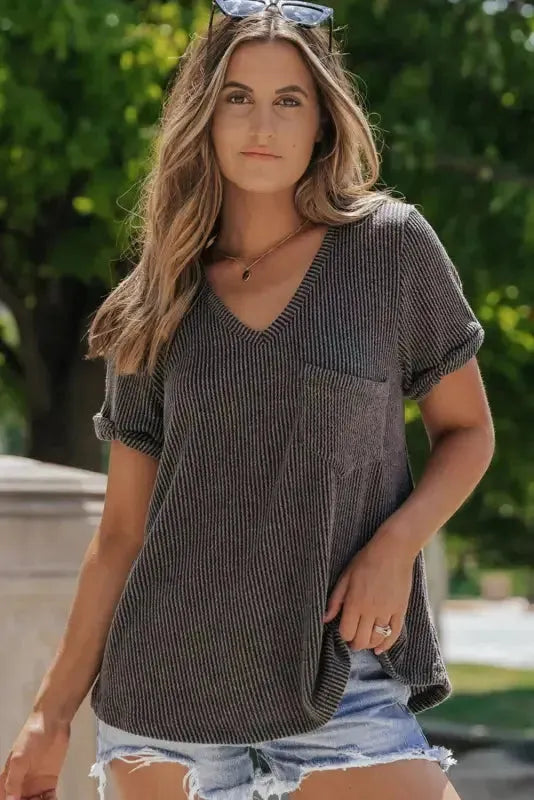 Laurel Green Twist Short Sleeve Corded V Neck Top - Fashionfitz