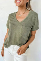 Laurel Green Twist Short Sleeve Corded V Neck Top - Fashionfitz