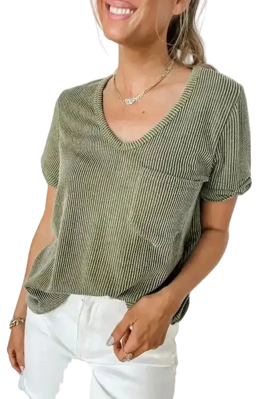 Laurel Green Twist Short Sleeve Corded V Neck Top - Fashionfitz