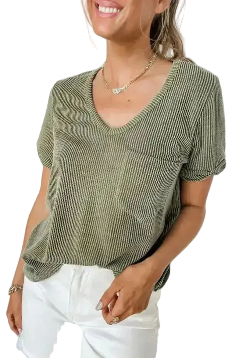 Laurel Green Twist Short Sleeve Corded V Neck Top - Fashionfitz