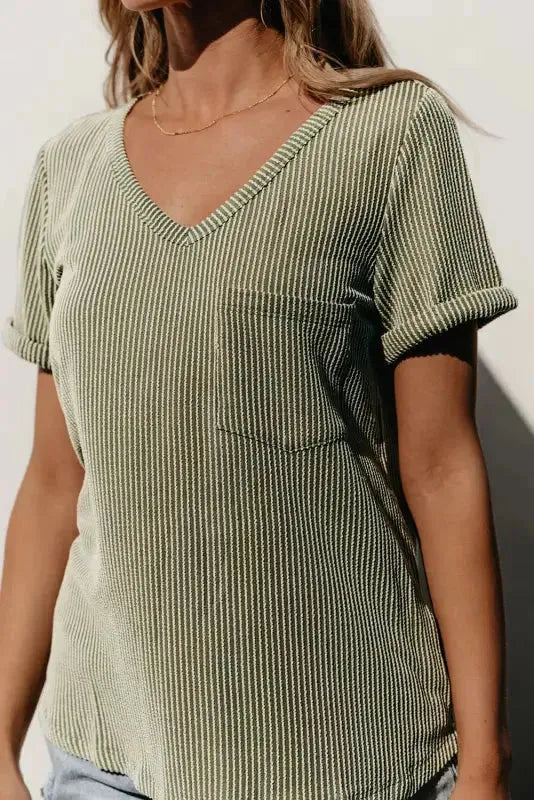 Laurel Green Twist Short Sleeve Corded V Neck Top - Fashionfitz