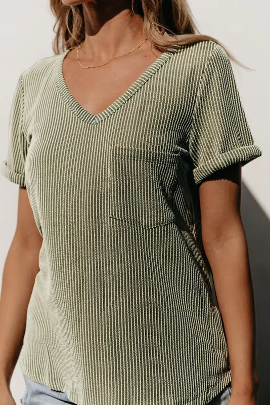 Laurel green twist short sleeve corded v neck top - tops