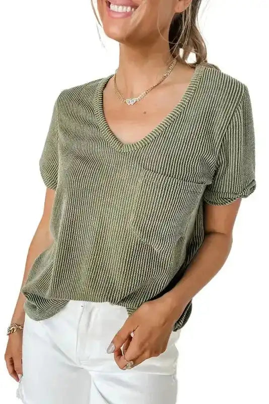 Laurel Green Twist Short Sleeve Corded V Neck Top - Fashionfitz