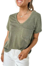 Laurel Green Twist Short Sleeve Corded V Neck Top - Fashionfitz