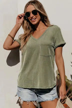 Laurel Green Twist Short Sleeve Corded V Neck Top - Fashionfitz