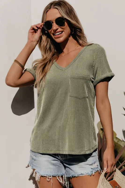 Laurel green twist short sleeve corded v neck top - tops