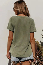 Laurel Green Twist Short Sleeve Corded V Neck Top - Fashionfitz