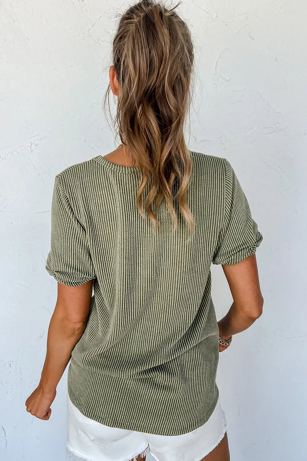 Laurel green twist short sleeve corded v neck top - t-shirts