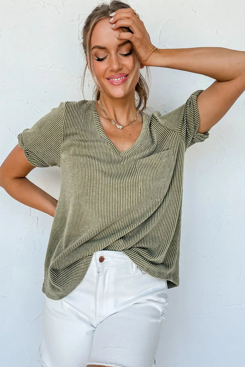 Laurel green twist short sleeve corded v neck top - t-shirts