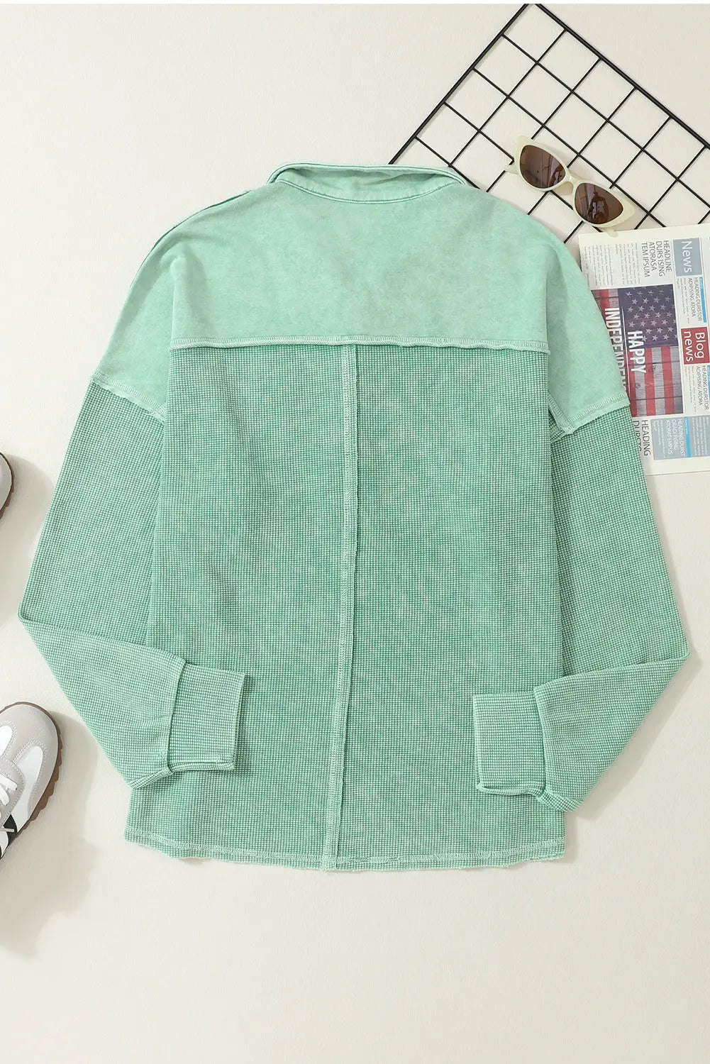Laurel green waffle exposed seam pocket henley sweatshirt - sweatshirts & hoodies