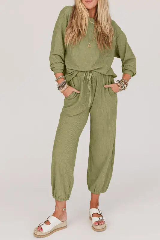 Laurel green waffle knit long sleeve top drawstring joggers set - s / 65% polyester + 30% viscose + 5% elastane - sets