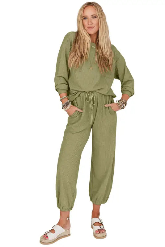 Laurel green waffle knit long sleeve top drawstring joggers set - sets