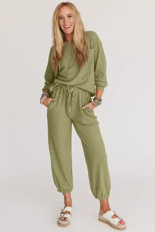 Laurel green waffle knit long sleeve top drawstring joggers set - sets