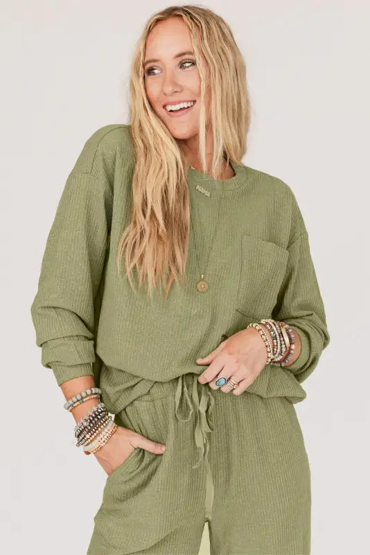 Laurel green waffle knit long sleeve top drawstring joggers set - sets