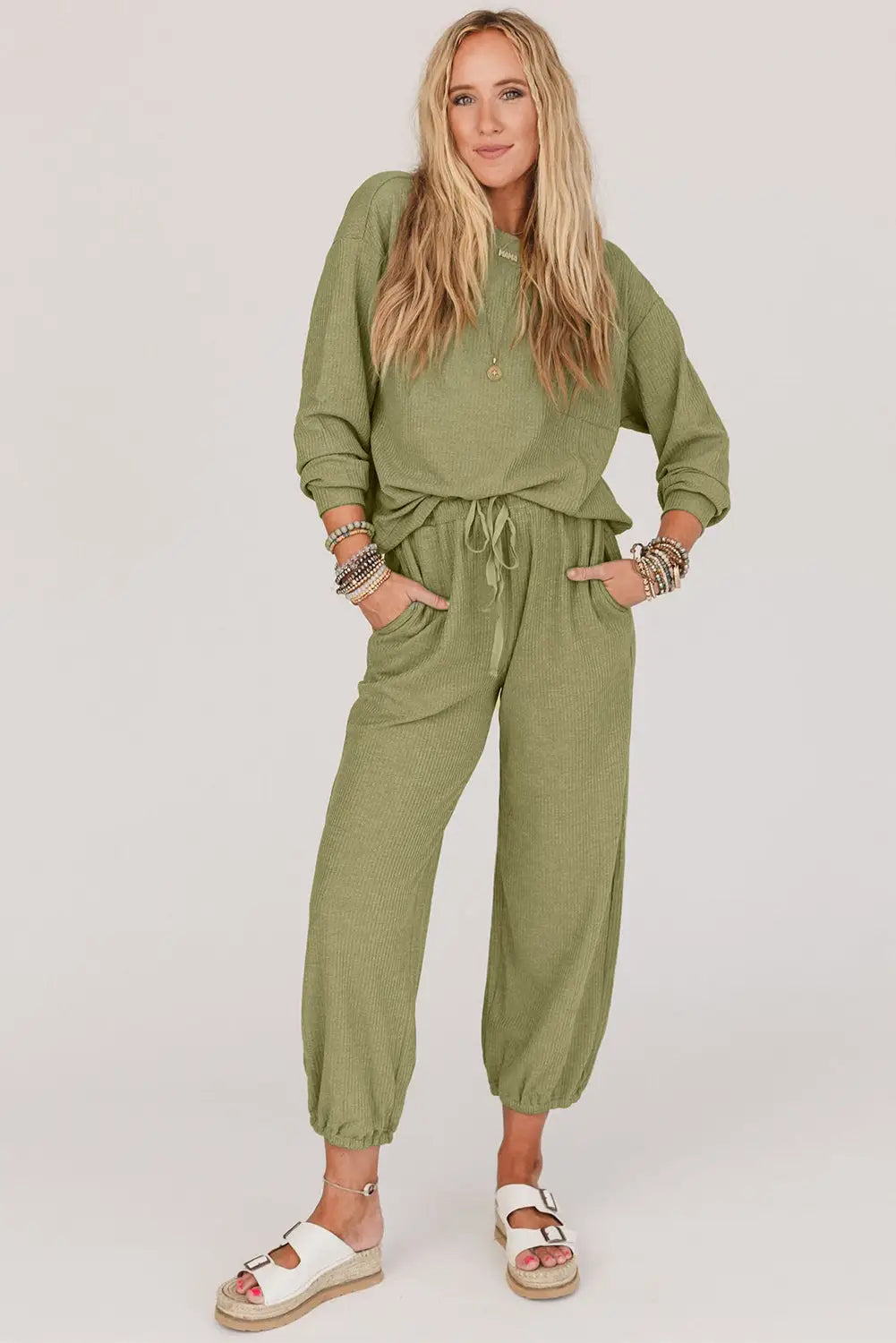 Laurel green waffle knit long sleeve top drawstring joggers set - sets