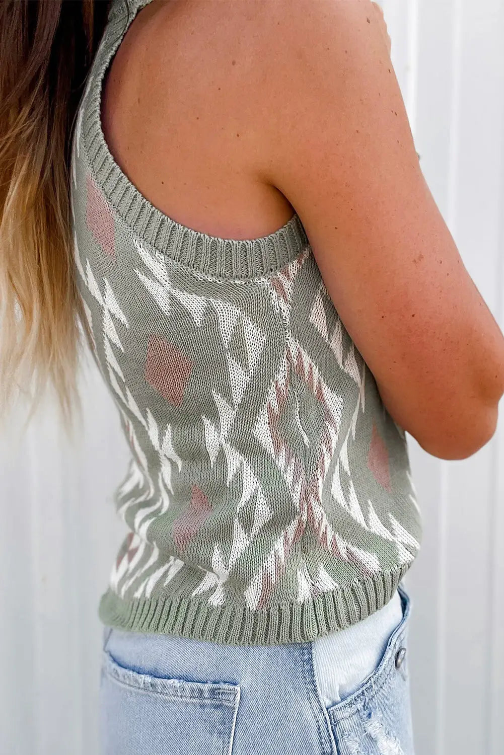 Laurel green western tribal aztec pattern knit sweater tank - tops