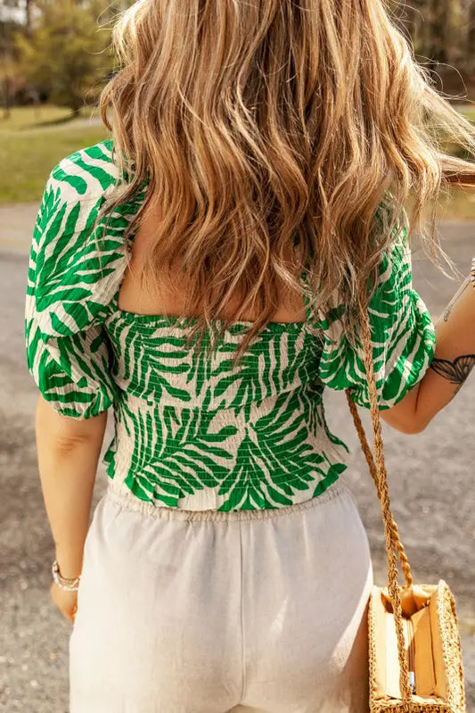 Leaf print smocked crop top - tops