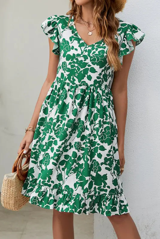 Leaf print v neck flutter sleeve dress - mini dresses