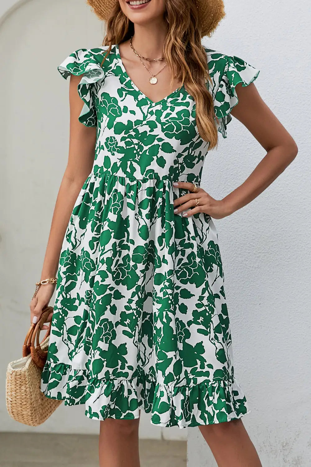 Leaf print v neck flutter sleeve dress - dark green / s / 100% polyester - mini dresses