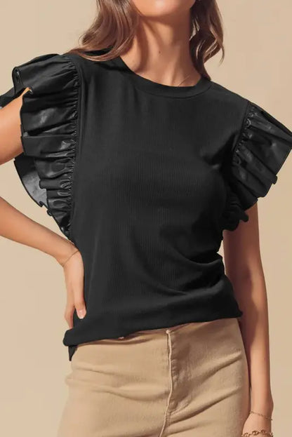 Leather ruffle sleeve blouse by fashionfitz