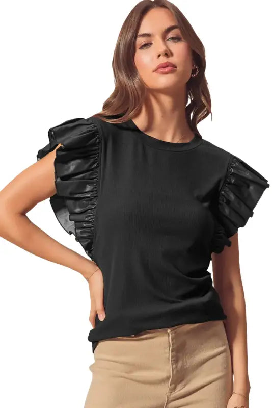 Leather ruffle sleeve blouse by fashionfitz