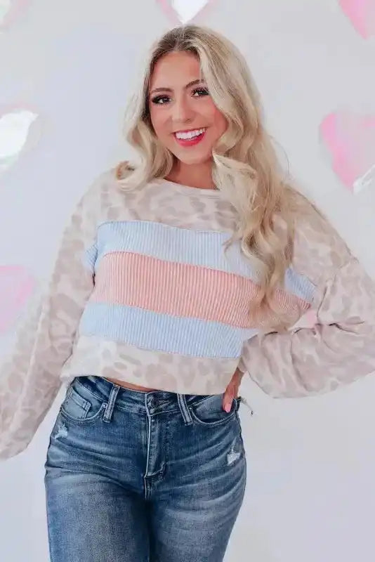 Leopard Animal Print Contrast Stripes Patchwork Puff Sleeve Knit Top - Fashionfitz