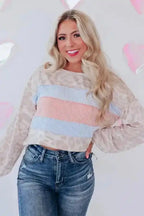 Leopard Animal Print Contrast Stripes Patchwork Puff Sleeve Knit Top - Fashionfitz