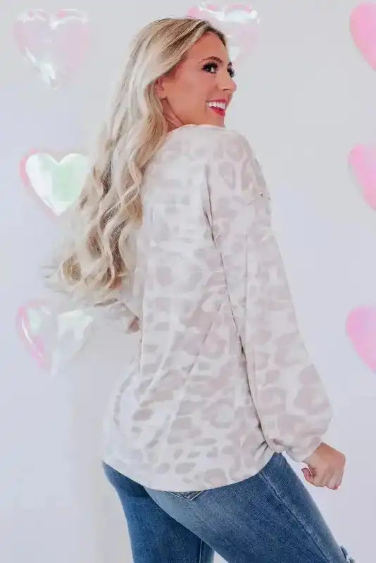 Leopard Animal Print Contrast Stripes Patchwork Puff Sleeve Knit Top - Fashionfitz