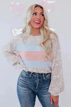 Leopard Animal Print Contrast Stripes Patchwork Puff Sleeve Knit Top - Fashionfitz