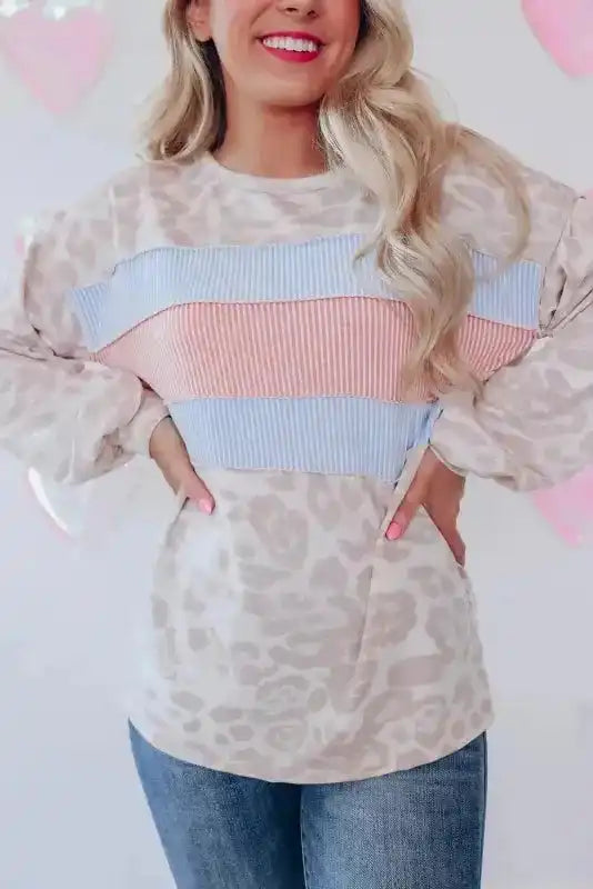 Leopard Animal Print Contrast Stripes Patchwork Puff Sleeve Knit Top - Fashionfitz