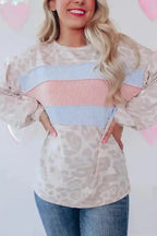 Leopard Animal Print Contrast Stripes Patchwork Puff Sleeve Knit Top - Fashionfitz