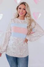 Leopard Animal Print Contrast Stripes Patchwork Puff Sleeve Knit Top - Fashionfitz