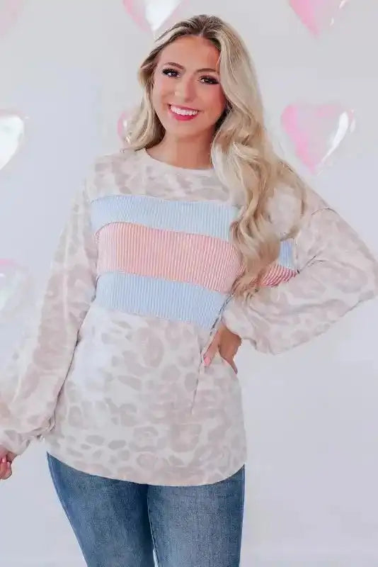 Leopard Animal Print Contrast Stripes Patchwork Puff Sleeve Knit Top - Fashionfitz