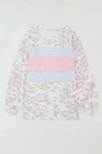 Leopard Animal Print Contrast Stripes Patchwork Puff Sleeve Knit Top - Fashionfitz