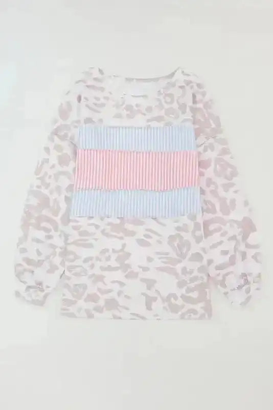 Leopard Animal Print Contrast Stripes Patchwork Puff Sleeve Knit Top - Fashionfitz