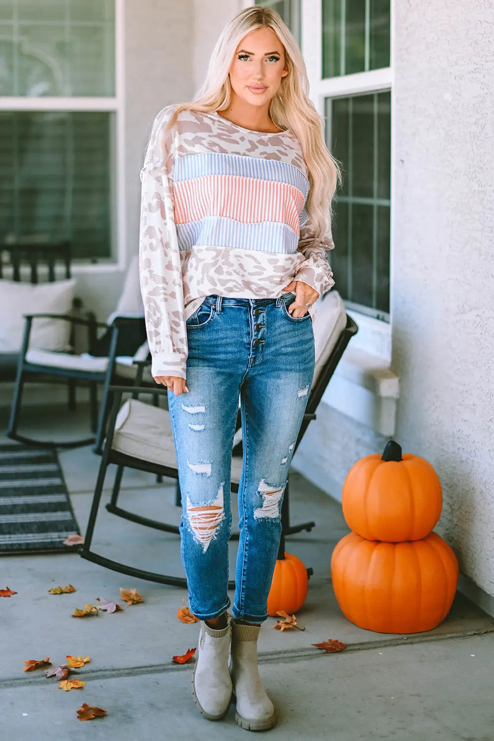 Leopard animal print contrast stripes patchwork puff sleeve knit top - long tops