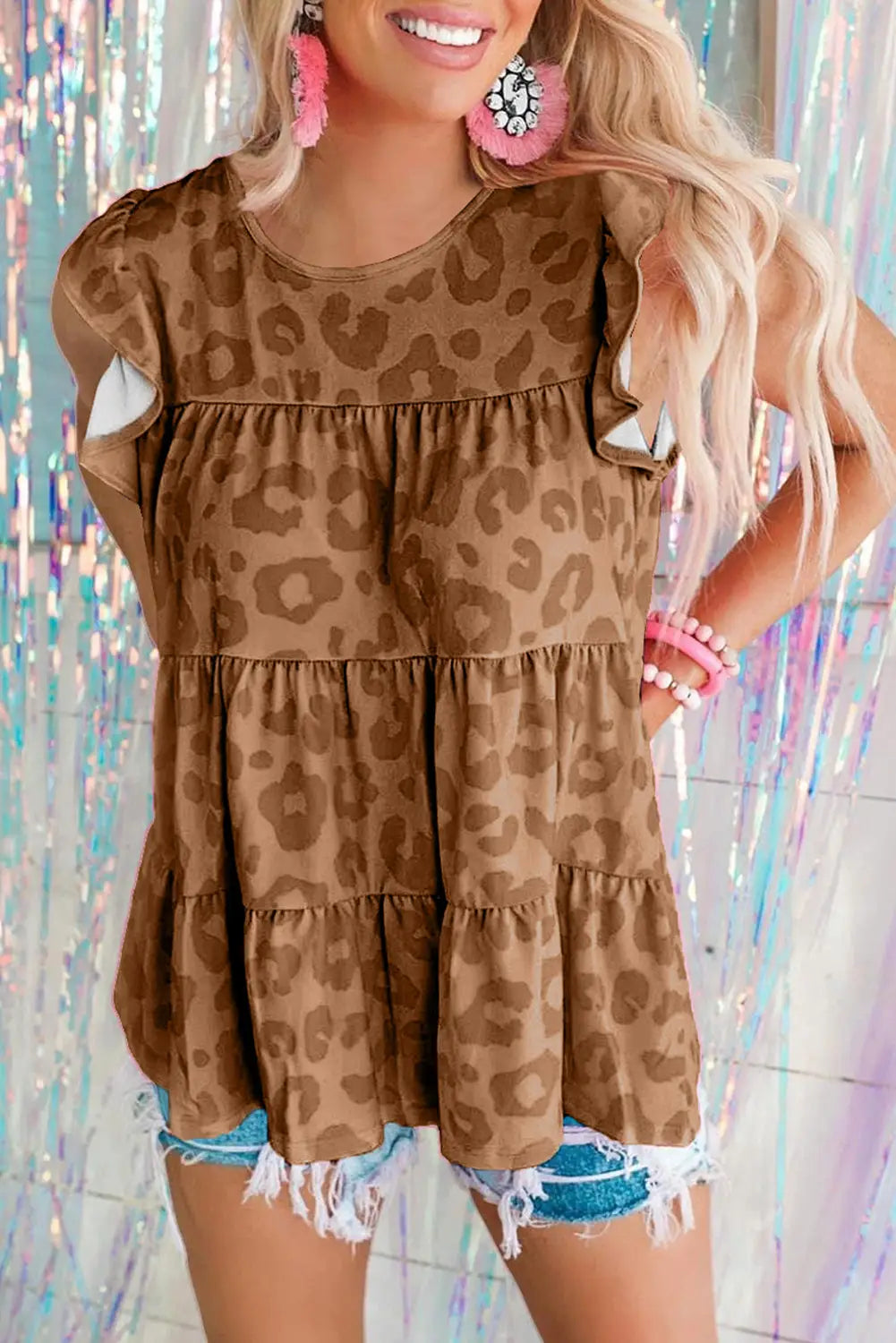 Leopard animal print frill tiered swing dress - mini dresses