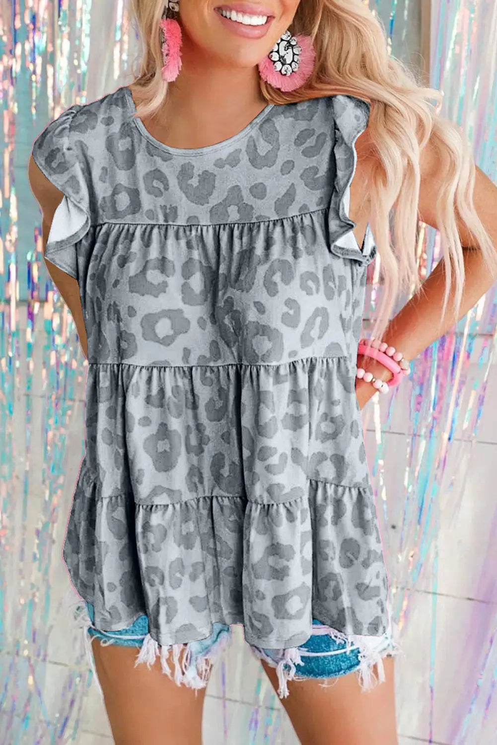 Leopard animal print frill tiered swing dress - gray / s / 95% polyester + 5% elastane - mini dresses