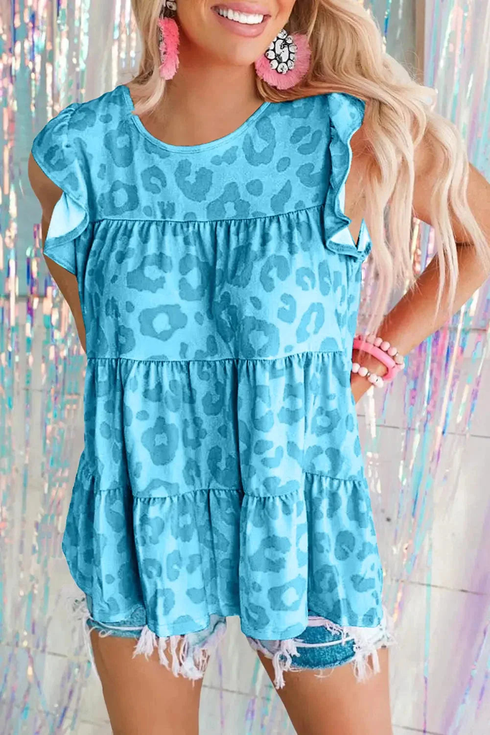 Leopard animal print frill tiered swing dress - sky blue / s / 95% polyester + 5% elastane - mini dresses